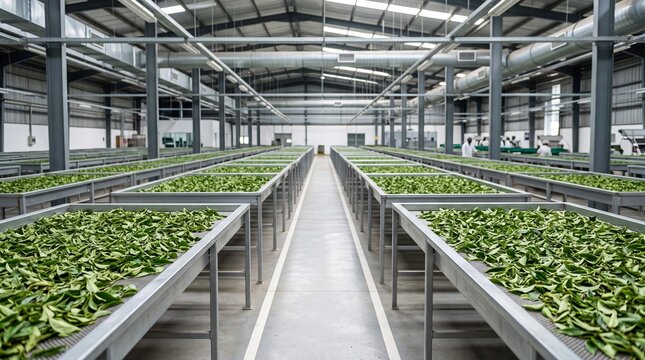 Tea leaves on withering troughs in Uganda, Clean Tea Factory Interior, Post Harvest Processing, Organized Food Production