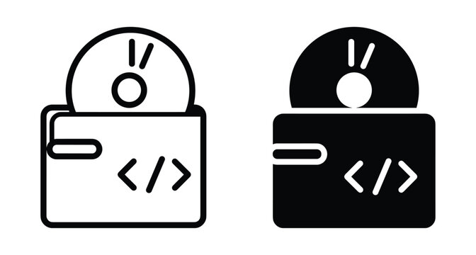 Software installation icon set featuring compact disc and coding folder symbols for programming development data storage and digital application setup