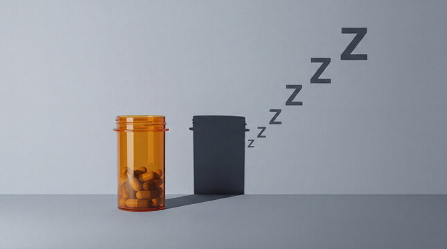 An amber pill bottle filled with capsules casts a shadow on the wall, from which "Z"s representing sleep emerge.