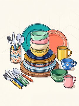 Modern Colorful Kitchenware Vector Illustration with Plates Bowls Cups and Utensils