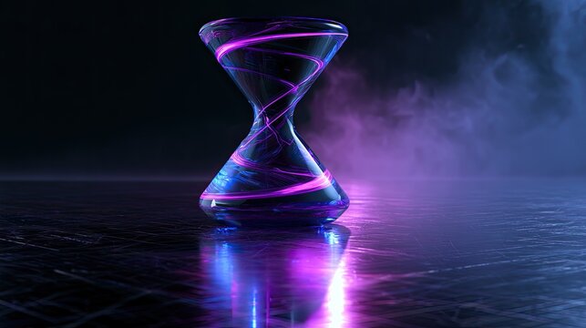 A glass hourglass with swirling neon energy, set against a smoky, reflective background