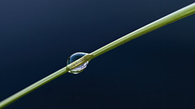 Macro view of a dewdrop clinging to a vibrant green blade of grass