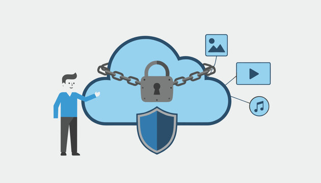 Secure cloud data backup system protected by a heavy chain lock and safety shield to protect digital files.