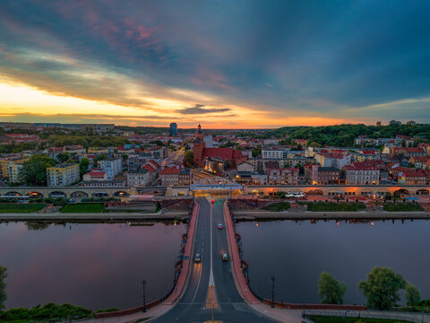 Old town bridge and St. Marys cathedral at sunset in Gorzow Wielkopolski. Poland