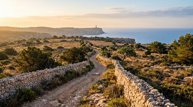 A winding dirt path flanked by stone walls leads through a Mediterranean landscape toward a distant lighthouse at sunset. Peaceful and serene coastal atmosphere. Ideal for travel and nature themes.