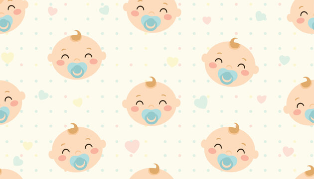 Cute seamless pattern featuring smiling baby boy faces with blue pacifiers and pastel hearts on dotted background.