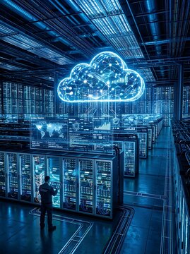 Futuristic Cloud Computing Data Center with Glowing Servers and Digital Cloud Network