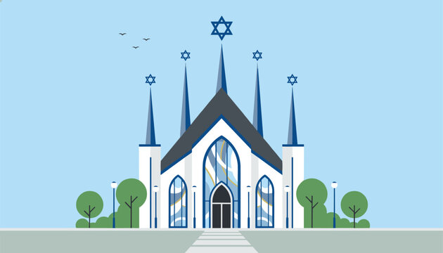 Modern synagogue building with spires adorned with the Star of David, set against a clear blue sky with green trees.