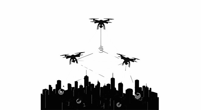Drones networked above futuristic city skyline, representing modern aerial technology and urban surveillance.