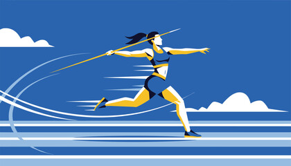 Fototapeta premium Powerful illustration of a female athlete preparing to throw a javelin during an intense track and field competition.