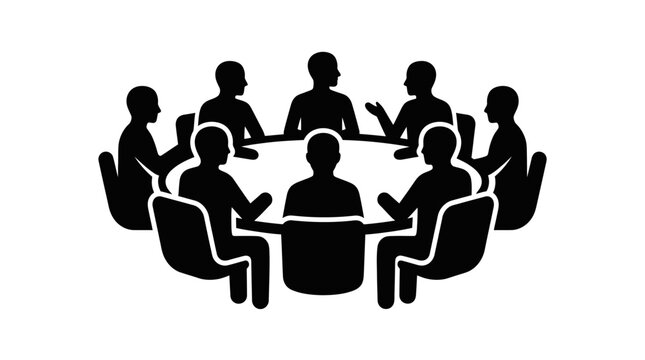 Group of people silhouettes seated around a circular table black on white