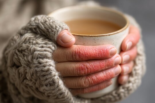 Woman with raynaud disease holding warm ceramic mug. Red swollen fingers indicating autoimmune disorder or circulation problem. Cold weather symptom or chronic condition in females healthcare.