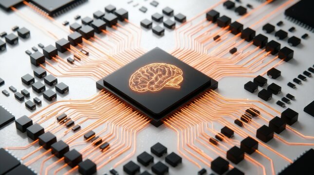 Computer processor chip with glowing human brain icon on metallic surface surrounded by golden circuitry connections.