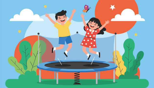 Happy boy and girl jumping high on an outdoor trampoline in a park on a sunny day with clouds, flat vector illustration.
