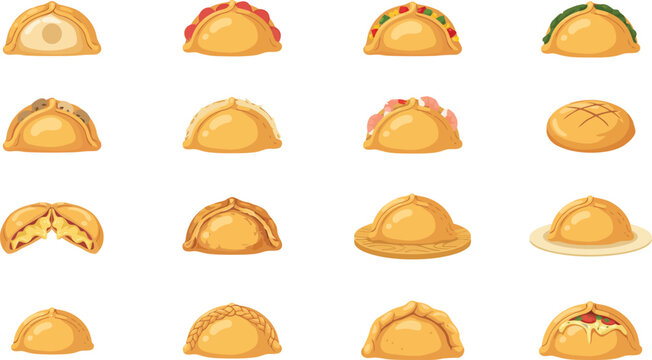 Collection of traditional empanadas and savory stuffed pastries in flat vector style for restaurant menu design