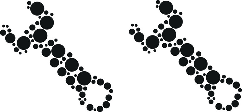 Abstract wrench shapes constructed from many small black circles arranged in a creative dot matrix pattern on transparent background