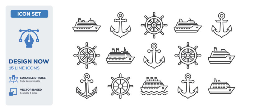 flat vector illustration line art icon bundle set design showcasing nautical ship steering wheels heavy marine anchors sea navigation compasses and ocean vessels UI