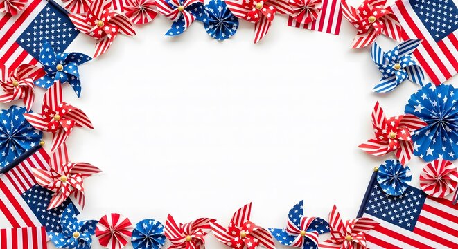 Patriotic American flag pinwheel border on white background.