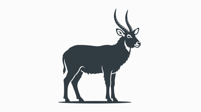 Elegant black silhouette of a standing antelope with curved horns isolated on white background