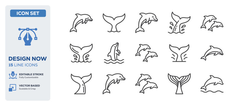 flat vector illustration line art icon bundle set design highlighting diving ocean dolphins wild marine animals sea mammals underwater jumping creatures and fish graphic