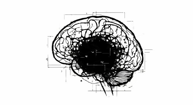 Abstract illustration of a human brain with chaotic internal connections and technical blueprints, symbolizing complex thought and analysis.