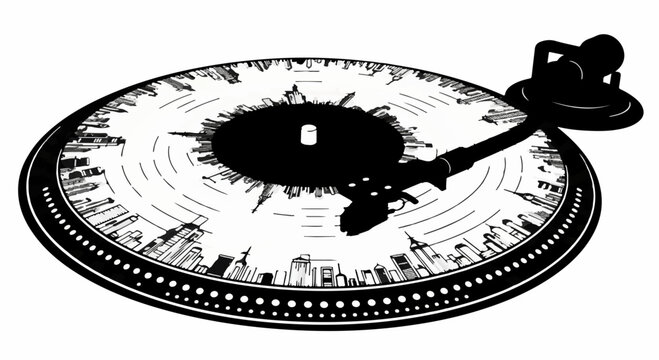 Stylized turntable with city skyline graphic, representing urban music culture and creativity