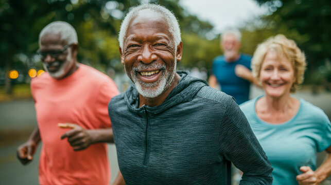 Smiling senior black man jogging with a group of older friends in a green park. active aging, healthy lifestyle, fitness community.