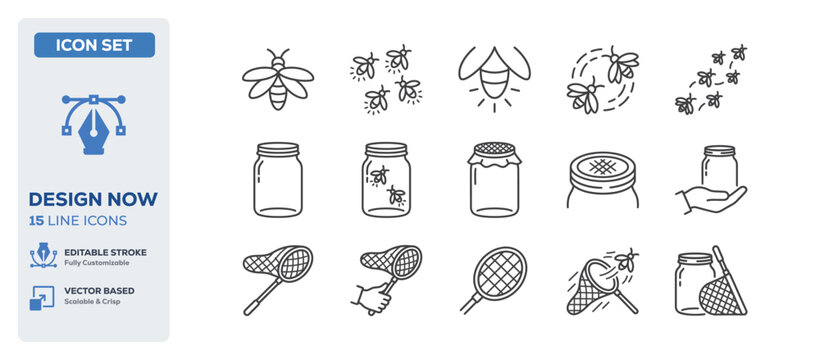 flat vector illustration line art icon bundle set design representing night glowing fireflies wild nature bugs flying insects summer evenings and biology graphic UI app