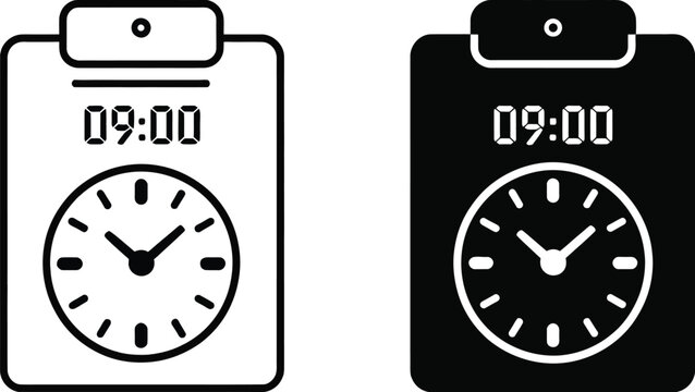 Time clock icon featuring employee attendance punch machine, analog clock, digital display, timecard, and work tracking, editable vector illustration.