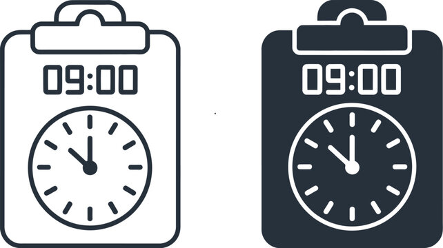 Time clock icon featuring employee attendance punch machine, analog clock, digital display, timecard, and work tracking, editable vector illustration.