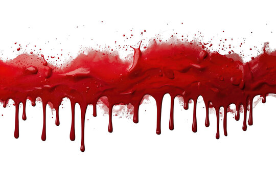 Red paint splashing and dripping, forming an abstract line of liquid with blood-like texture and vivid color, transparent background
