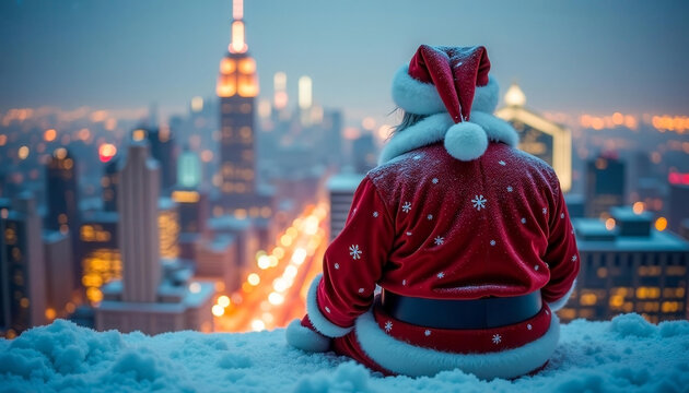 A man in a Santa Claus costume sits on snow, overlooking a city skyline at dusk. The Empire State Building is visible in the background, illuminated.