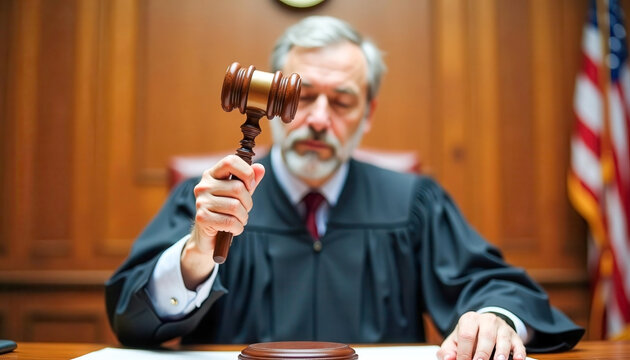 A senior Caucasian man with gray hair wearing a black robe is striking a gavel on a wooden desk in a courtroom. The background features wooden paneling and an American flag.