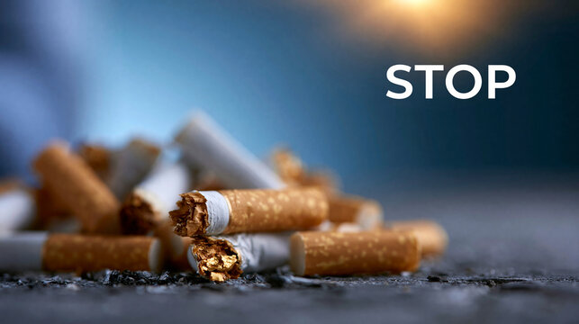 Pile of crushed cigarette butts with the word stop displayed on a gradient background, anti-smoking design, health awareness graphic, with copy space