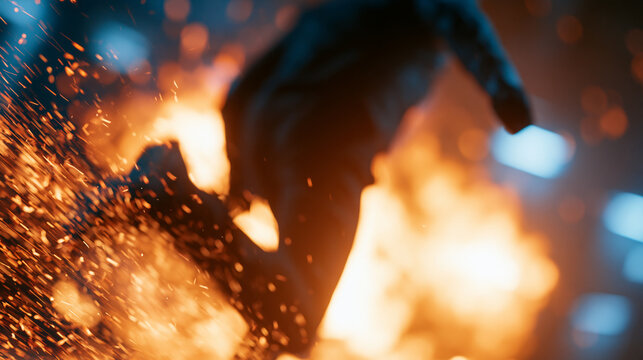 Faceless man leaping through a fiery explosion in a dramatic cinematic action scene, stunt performance, blockbuster movie style, with copy space