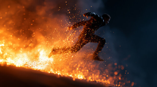 Faceless man leaping through a fiery explosion in a dramatic cinematic action scene, stunt performance, blockbuster movie style, with copy space