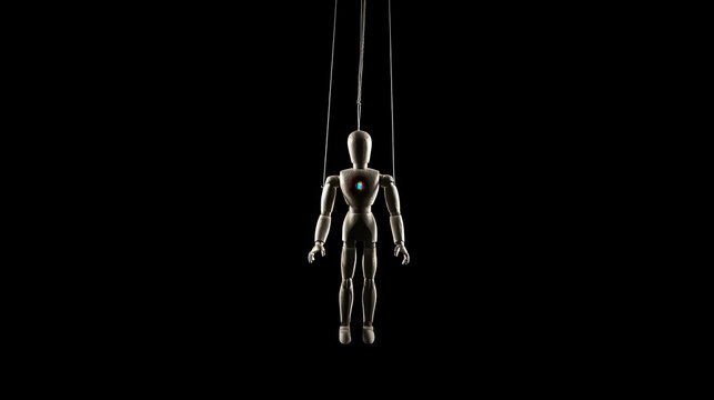 Small wooden articulated puppet hanging by strings against a pitch black background under dramatic lighting. manipulation concept, dark cinema style, mysterious art.