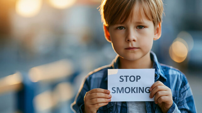 Close-up portrait of a young boy holding a paper sign reading stop smoking, soft sunlight, cinematic outdoor photography, child health protection campaign, with copy space