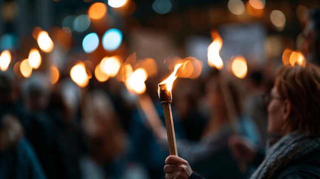 Crowd protesting at night holding torches, advocating for human rights, dramatic nighttime demonstration, with copy space