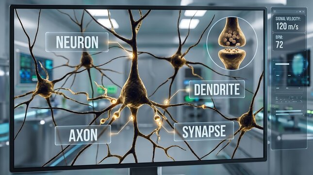 Scientific visualization of biological neurons with synapse and dendrites, dendrite
