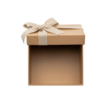 A brown cardboard gift box with a ribbon on top