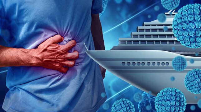 Man clutching his stomach in pain, with a cruise ship and viruses in the background, symbolizing illness on vacation.