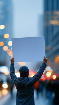Faceless protester holding a blank sign amid a hazy city street during a demonstration, social change symbolism, editable placard concept, with copy space