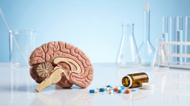 Human brain model with medicine bottle and laboratory glassware in clinical background for medical research.