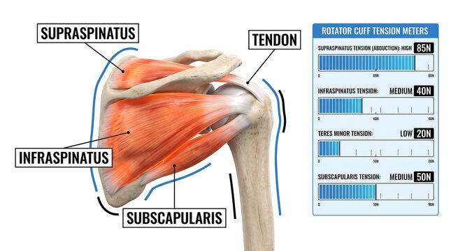 Anatomical model of human shoulder rotator cuff tendons and muscles with shoulder
