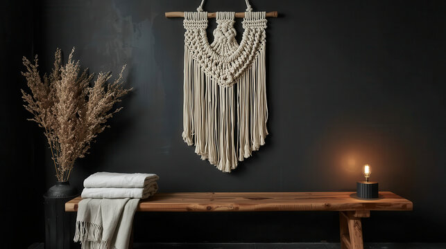 Handwoven macrame wall hanging displayed above a rustic wooden bench with dry plants and a glowing candle in a dark room. cozy lifestyle, bohemian interior design, peaceful home.