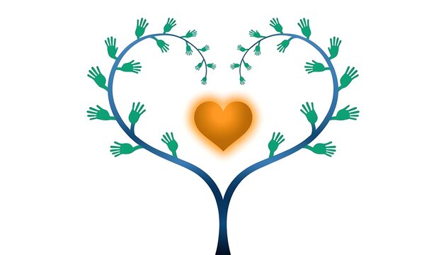 Heart shaped tree made of branches with hands representing unity and support community connection collaboration