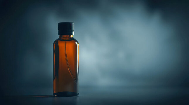 Amber glass bottle with a matte black cap standing in a dramatic spotlight against a dark moody background. premium cosmetic packaging, natural skincare, luxury wellness.