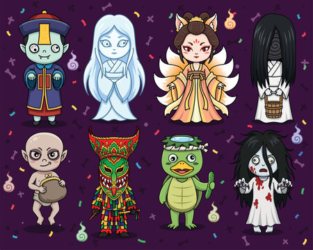 Halloween vector illustration with spooky and cute oriental folklore monsters.