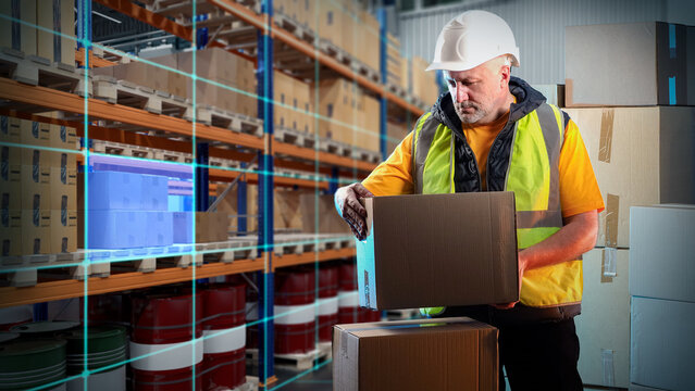 Warehouse, Logistics center. Warehouse worker checks cardboard boxes and inventory in automated storage facility with digital stock management system